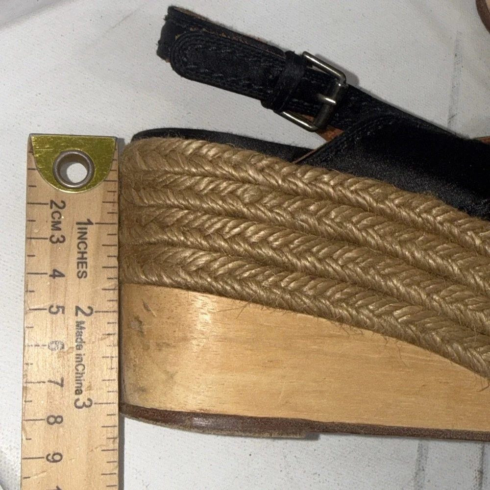 Vintage Y2K Lanvin Black Leather Platform Wood Jute Espadrille Wedge Shoes 40